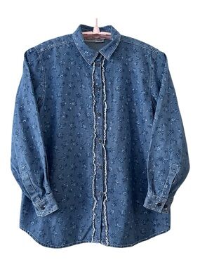 Cabin Creek Denim Shirt Floral Print Ruffle Trim Button Up Size L, Cottage Core